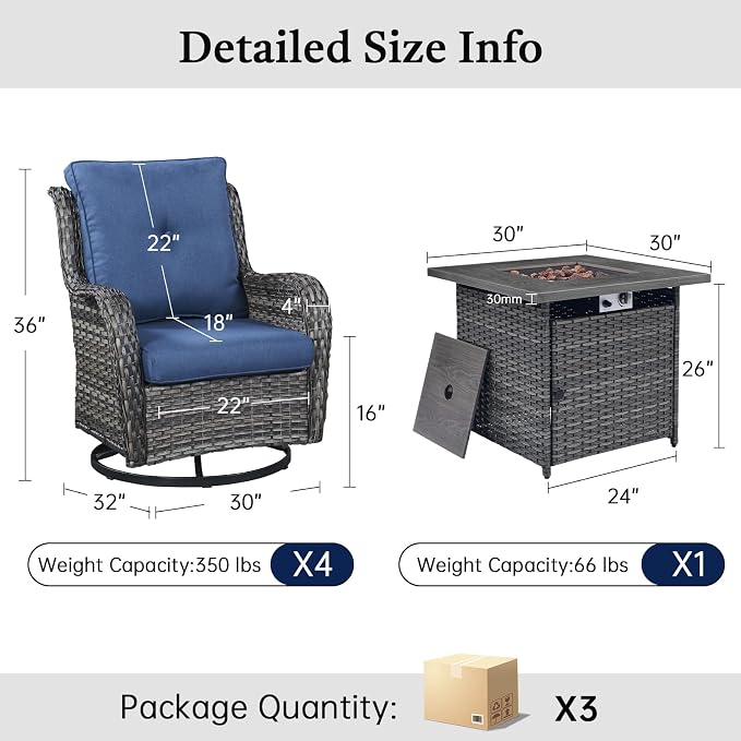 Wicker Patio Furniture Set- 4 Pieces Outdoor Swivel Rocker Chairs with 50,000 BTU Fire Pit Table,PE Rattan Outdoor Conversation Set for Garden Porch Deck