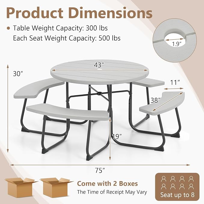 COSTWAY Round Picnic Table with Umbrella Hole, Outdoor Picnic Table with Bench Set for 4-8 People, HDPE Tabletop, Patio Dining Furniture Set for Family Gatherings, BBQ Party, Backyard (Grey)
