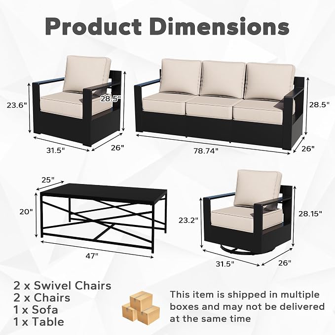 Outdoor Aluminum Furniture Set, 6-Piece Patio Conversation Set, 2 Swivel Chairs, 2 Chairs,1 Sofa and 1 Table, All-Weather Metal Frame, 6" Thick Removable Cushions, Deep Setting for Garden, Porch
