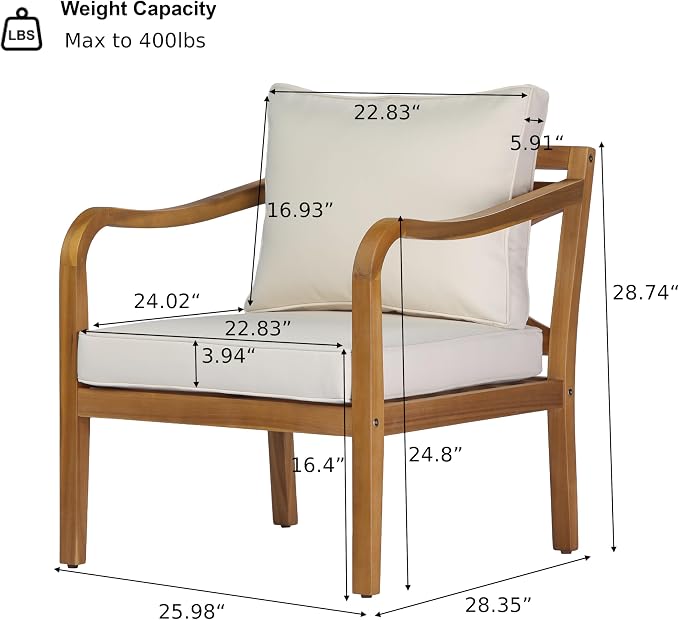 Merax Outdoor Acacia Wood Armchair with Elegant Cross Back Design, Deep Seating Patio Lounge Chair with Removable Soft Cushion for Porch, Garden, Backyard, Balcony, Teak & Beige