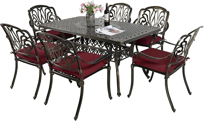 MEETWARM 7-Piece Outdoor Patio Dining Set, 6 Outdoor Dining Cushioned Chairs and 1 Rectangle Table with 2" Umbrella Hole, All Weather Cast Aluminum Patio Funiture Set for Backyard, Chili Red