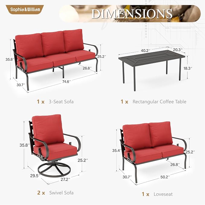 Sophia & William Patio Conversation Set for 7, a Loveseat, 3-Seater Sofa, 2 Swivel Chairs and a Coffee Table, Outdoor Metalio Conversation Set with 5.75" Extra Thick Cushions, Red
