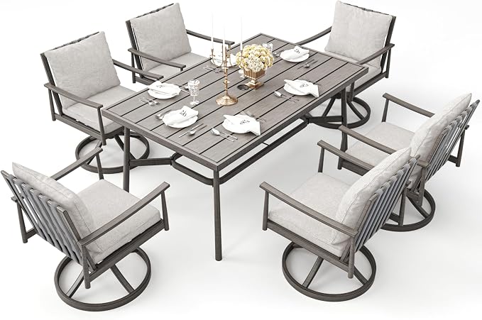 7-Piece Outdoor Dining Set for 6, Aluminum Dining Set with Cushions, 6 Swivel Chairs with Rope Backrest, Large Rectangular Table with Umbrella Hole, Patio Dining Set for Lawn Porch Yard,Grey