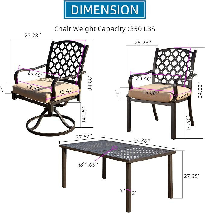Domi 7 Pieces Patio Dining Sets All-Weather Metal Outdoor Modern Dining Sets with Table for Lawn Garden Backyard Deck with Cushions-Beige