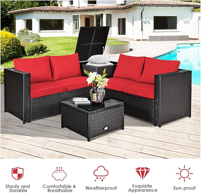 HAPPYGRILL 4 Pieces PE Rattan Wicker Conversation Set Outdoor Patio Furniture Sofa Set with Storage Box and Tempered Glass Coffee Table for Backyard Garden Porch