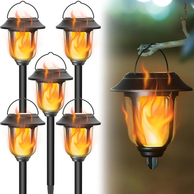 Dynaming Dual Use Solar Flame Lights Outdoor 6 Pack, Solar Flickering Flame Pathway Lights, Hanging Lantern Light, Auto On/Off & Waterproof for Garden Lawn Patio Yard Walkway Deck Driveway