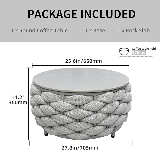TWT Outdoor Coffee Table Round Centerpiece Table, Lightweight Accent Table with Hand Woven Rope Decor for Garden and Patio(Polyester Rope, Light Grey)