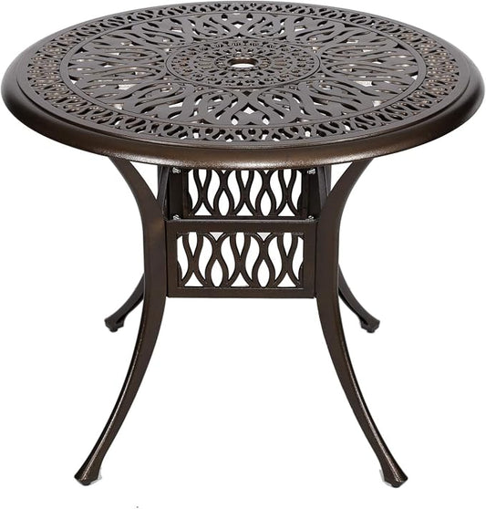 YUSING 35.4" Outdoor Dining Table,Patio Cast Aluminum Table,Furniture Set,Bistro Round Table with 2" Umbrella Hole for Kitchen,Garden,Yard