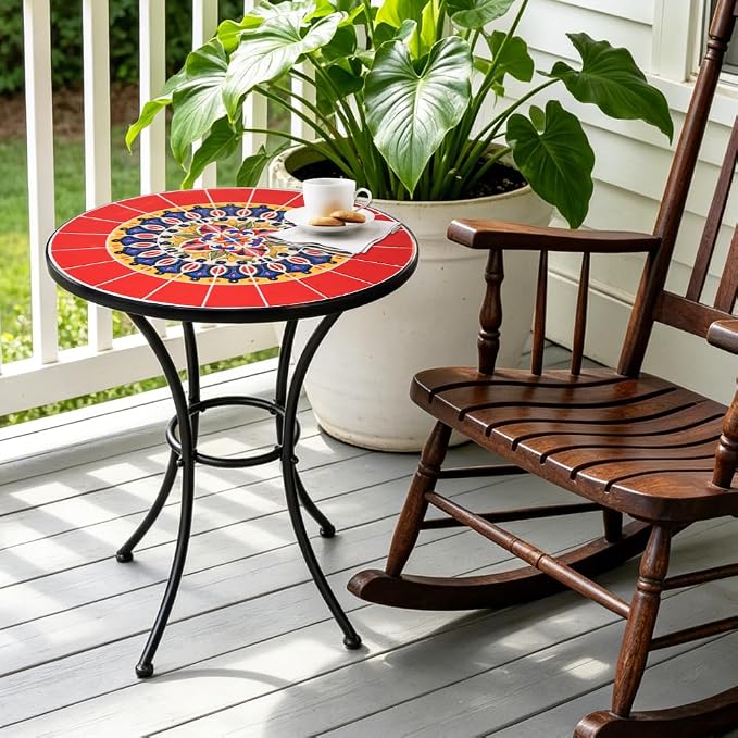 24 Inch Mosaic Patio Round Side Table with Ring Curved Legs Indoor and Outdoor Accent End Table for Yard, Garden, Living Room, Bistro, A - Red Mandala