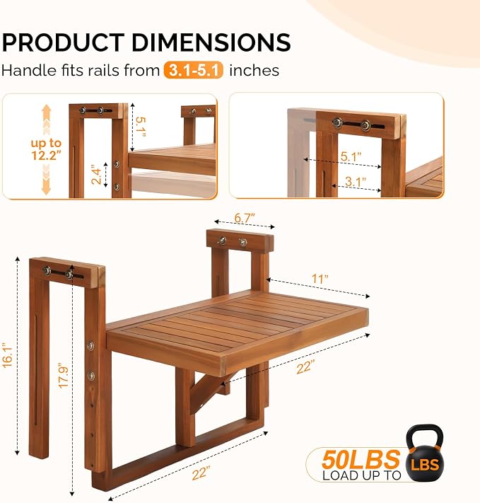 VINGLI 22in Acacia Wood Folding Balcony Hanging Table – Adjustable Height & Width, Balcony Railing Table Ideal for Different Railing Widths,Perfect for Balcony,Patio,Rectangular,Natural Wood Color