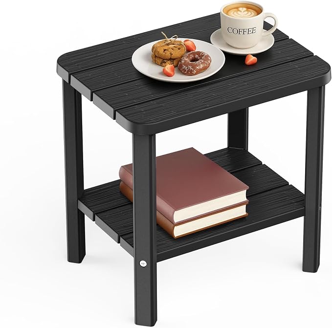 EasyUp Outdoor Side Table & End Table, 2-Tier Waterproof Resin Patio Table, Square End Table with Shelf for Porch, Balcony, Garden, All-Weather Black Outdoor Side Table for Lounge Chairs
