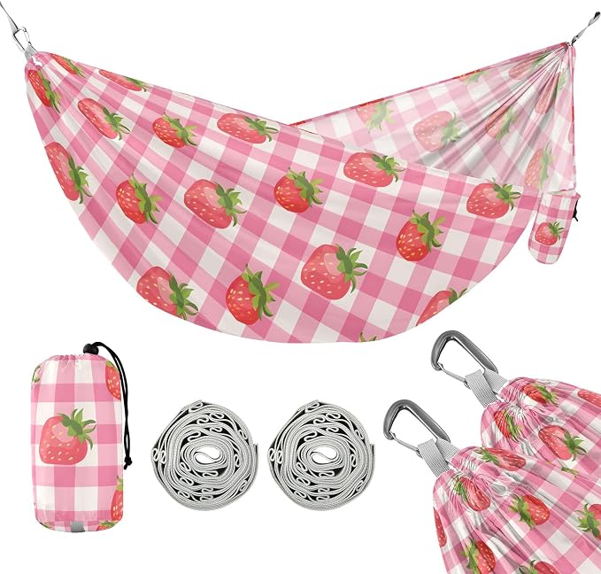 Camping Hammock Outdoor Hammocks for Outside Strawberry Pink Checkered Beach Trees Portable Lightweight with Pockets Tree Straps Indoor