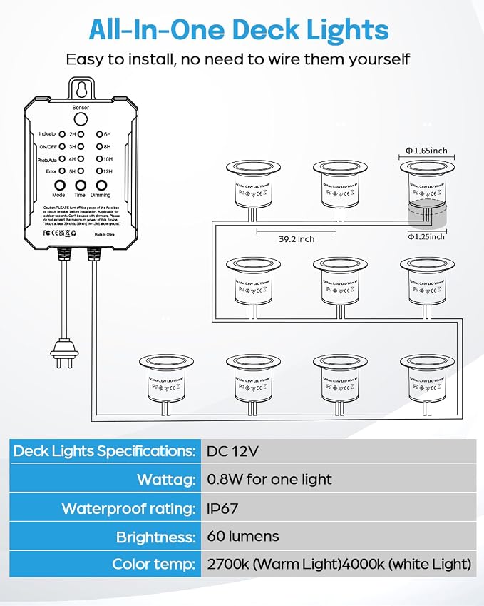 HIBOITEC Low Voltage Deck Lights Recessed Kit 3CCT 2700K-5000K with Transformer Dimmable Timer and Photocell Sensor Outdoor LED Deck Lighting IP67 Waterproof for Stair Step Yard 10 Packs