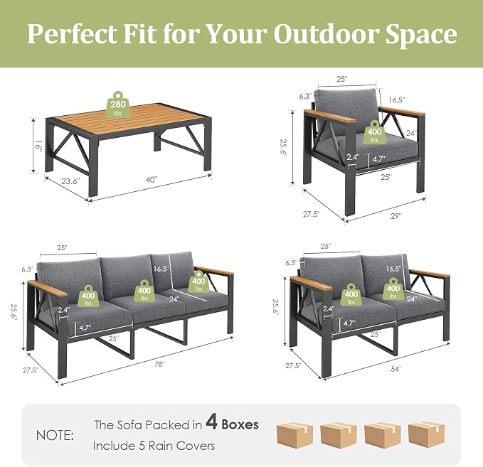 INGEROOM 5 Piece Aluminum Outdoor Patio Furniture Set with Waterproof Cover, 7-Seat Patio Conversation Sets with Coffee Table, Outdoor Sectional Furniture Set for Porch, Balcony, Deck, Dark Gray