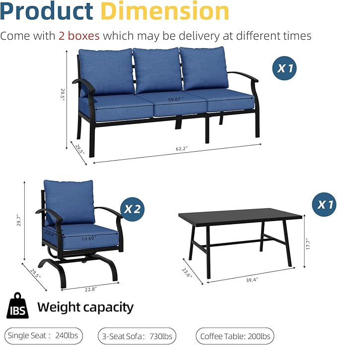 ALAULM 4 Piece Patio Furniture Set,Outdoor Metal Patio Furniture with Coffee Table & Rocking Chairs Conversation Set for Porch,Backyard,Poolside, Garden-DarkBlue
