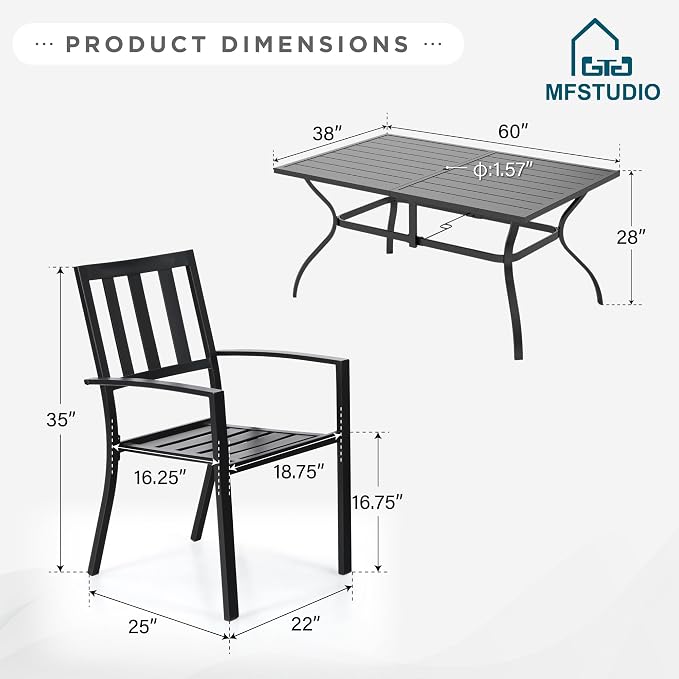 MFSTUDIO 7 PCS Patio Dining Set, Metal Table w/Umbrella Hole&Metal Chairs | 7 Piece Metal Patio Furniture Set for Deck Backyard Poolside Garden