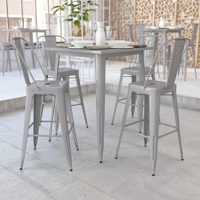 Flash Furniture Nolan Commercial Grade 31.5" Square Silver Metal Indoor-Outdoor Bar Height Table