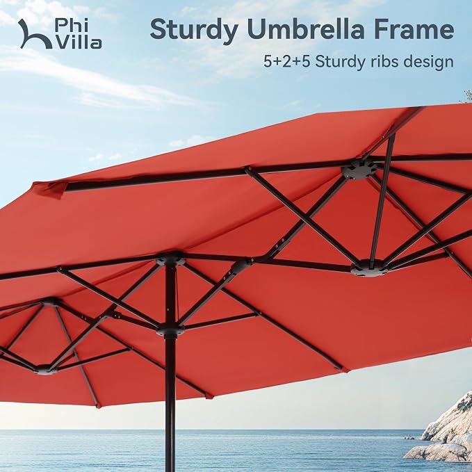 PHI VILLA Outdoor Table Chairs Set for 6, Patio Metal Furniture w/Umbrella | 60" wrought iron rectangle table & swivel chairs w/ cushions. 13ft red umbrella. 7 pcs furniture set for deck, porch