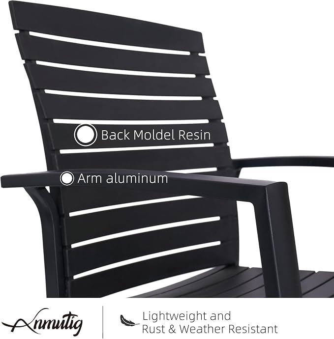 Outdoor Patio 48" Round Table and Aluminum Chairs Dining Set 7 for 6 Person | Aluminum Frame Chairs, Resin Chair Seat, Resin Chair Back, 6 Piece Stackable Chairs, 1 Piece Black Metal Table, 6 Person Set