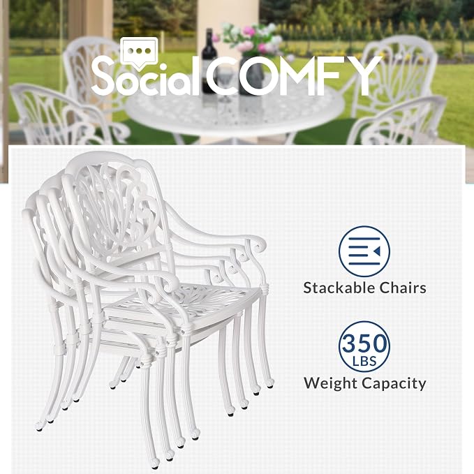 5-Piece Outdoor Patio Dining Set, All-Weather Cast Aluminum Patio Table Set, Include 4 Cushioned Chairs and a 35.4 inch Round Table w/Umbrella Hole for Balcony Garden Backyard, Green