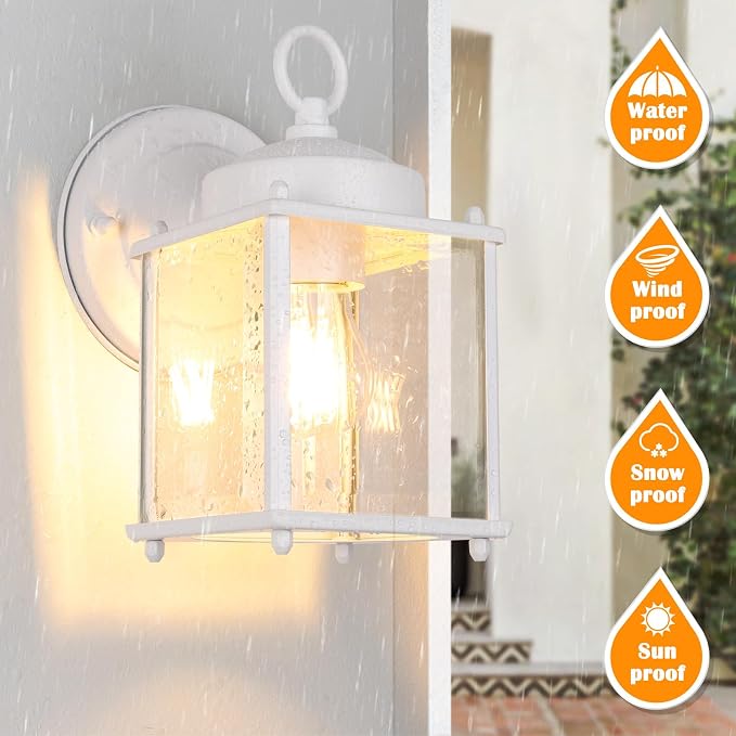 MATAMEYE Outdoor Wall Lantern, Exterior White Waterproof Wall Sconce Lighting Fixtures, Front Door Wall Lights with Clear Beveled Glass Shade, 2 Pack