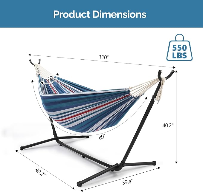 Double Hammock w/Stand – 550lb Capacity, Portable, Blue/Purple