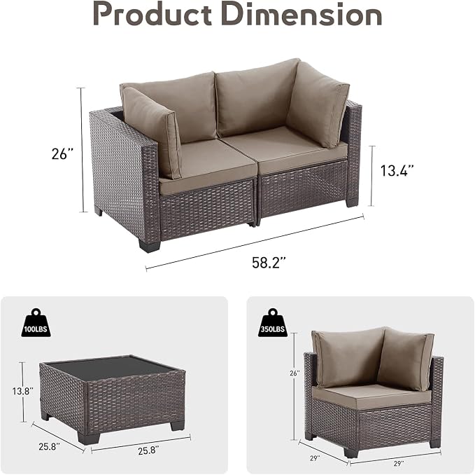 Bonzy Home 3 Pieces Outdoor Patio Furniture Set, PE Rattan Outdoor Sectional Furniture Sofa Set with Removable Cover and Glass Coffee Table, Patio Sofa for Balcony, Porch, Garden, (Brown-Khaki)