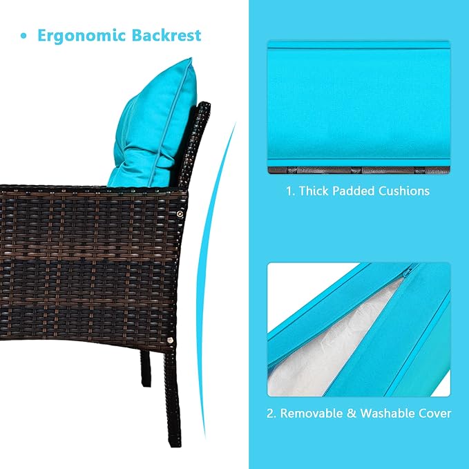 DORTALA 5 Pieces Patio Furniture Set, Outdoor Rattan Conversation Set with Cushions, Glass Table, Ottomans & Chairs, Wicker Sofa Set Backyard Garden Balcony, Turquoise