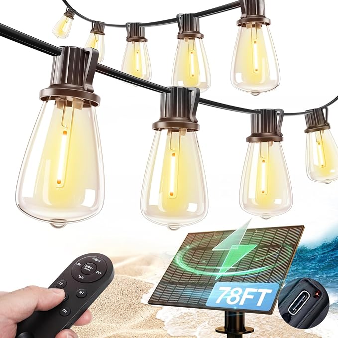 addlon 78FT(72+6) Solar String Lights Outdoor Waterproof with Remote & USB | ST38 LED Shatterproof Bulbs, Solar Powered Outside Lights, Dimmable Solar Light for Camping Backyard Porch