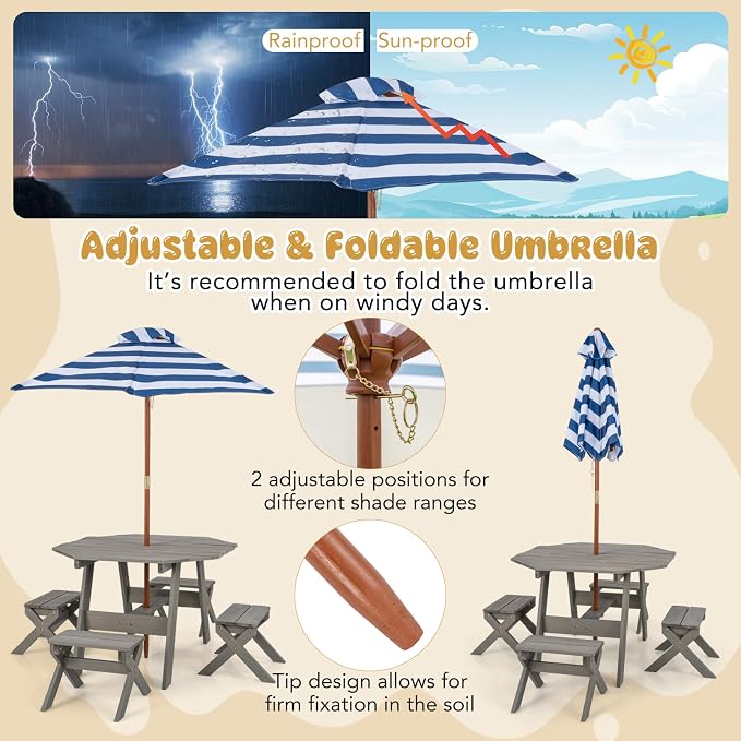 HONEY JOY Kids Picnic Table, Fir Wood Octagon Table & 4 Stool Set, Stripe Fabric Umbrella, Toddler Picnic Table for Outdoors, Children Backyard Furniture for Patio Garden(Gray)