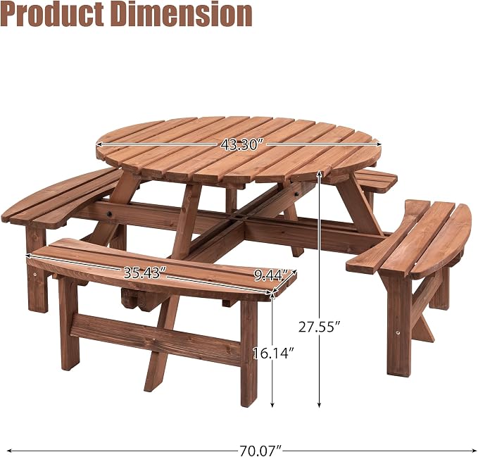 8 Person Outdoor Picnic Table with Wooden Bench, Round Picnic Table Dining Table w/ 4 Built-in Benches ,Umbrella Hole, Outside Table and Bench Set for Garden, Backyard, Porch, Patio, 2220lb Capacity