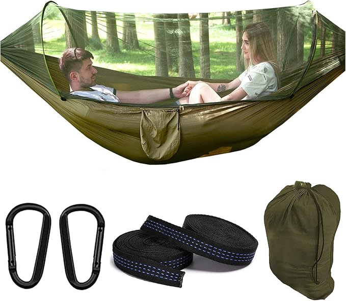 Travel Hammock with Mosquito Net, Lightweight Camping Hammock Hold Up to 200kg, Portable Outdoor Hammock for Camping Hiking Backpacking,Army Green,250x120cm