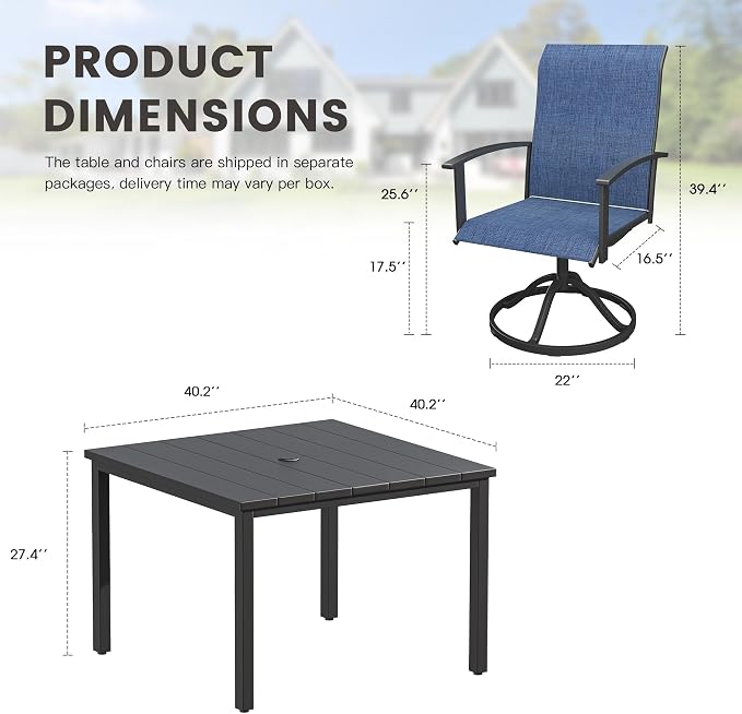 5 Pieces Patio Dining Set, Outdoor Furniture of 40.2" Square Patio Table and Patio Swivel Chairs for Backyard Lawn Garden, Black Table and Dark Blue Chairs