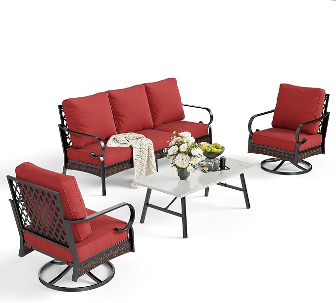 SUNSHINE VALLEY 4 PCS Metal Outdoor Patio Furniture Set, Patio Conversation Sets 3-Seater Sofa, 2 Swivel Chairs with 5.75" Extra Thick Cushion & Coffee Table, Black Frame Backyard Furniture, Rust Red