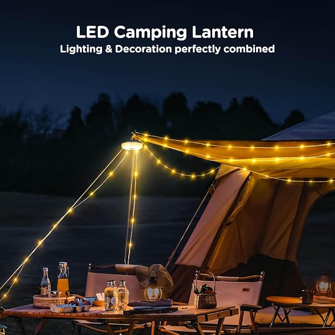 Camping String Lights 4 in 1, 32.8FT Quick Storage 8 Modes Protable | Rechargeable Fairy Tent Lights String , Hanging Waterproof LED Lamp for Outdoor Indoor Patio Awning Decor Camping Essentials