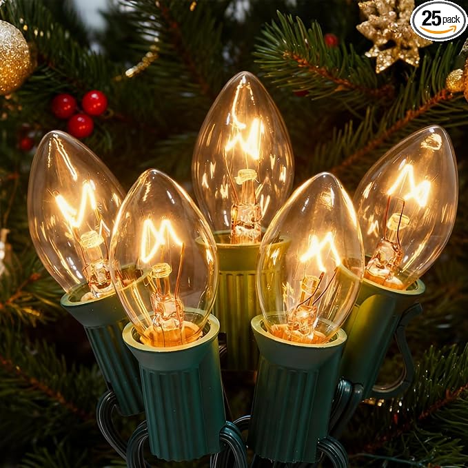 C7 Clear Christmas String Lights, 26Ft Vintage Christmas Decoration with 27 5W Clear Glass Incandescent Bulbs, Hanging Outdoor String Lights for Holiday Party Patio Roofline Wedding Xmas Decor