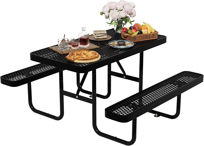 4FT Rectangular Steel Outdoor Picnic Table, Commercial Picnic Table Bench Set with Umbrella Hole, Weather-Resistant Heavy Duty School Dining Table for Stores, Park, Patio, Garden, Backyard, Black