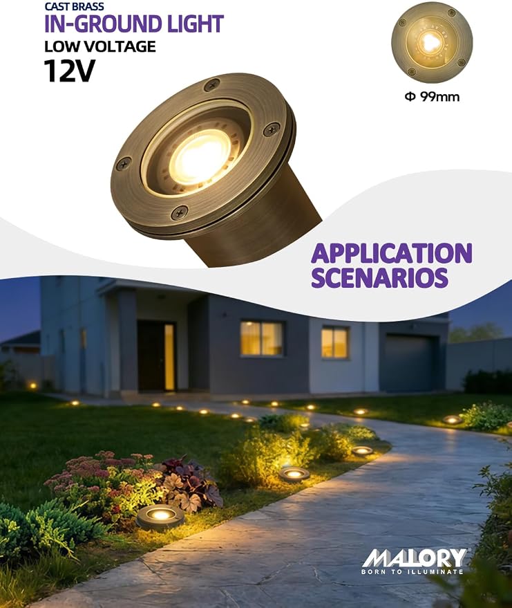 MALORY Brass Landscape Well Lights,(φ99 mm) 12V Low Voltage Outdoor In Ground Lights,Heavy Outdoor Lighting for Pathway, Driveway and Garden (Full Brass -01A, 4-Pack with Bulb)