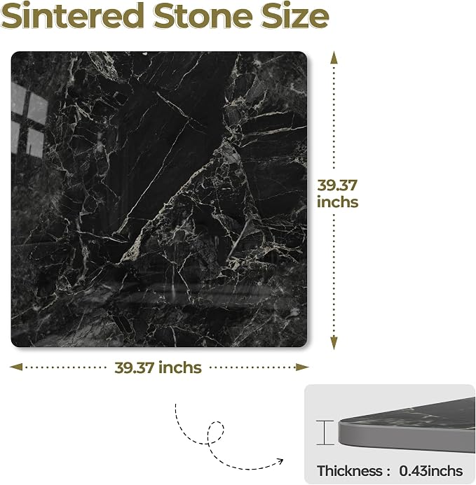 Square Table Top, 39.3" Black Sintered Stone Tabletop, DIY Replacement & Cover Marble Desktop, Scratch & Wear Resistant, Suitable for Indoor & Outdoor
