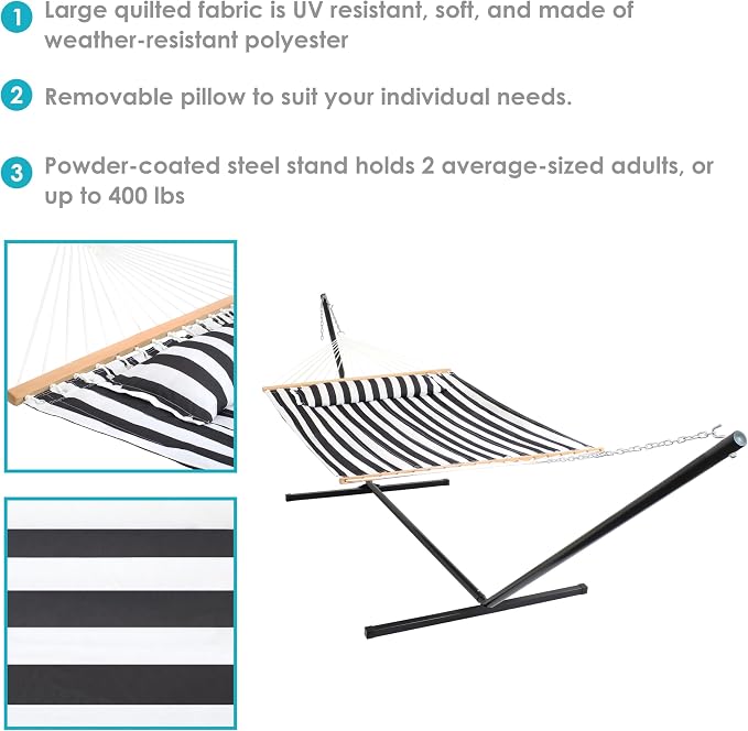Sunnydaze Quilted Double Hammock with Stand for Outside - 400-Pound Capacity 2-Person Hammock with Stand - 15-Foot Stand - Black and White