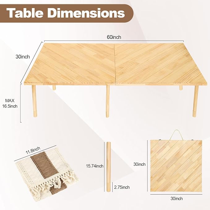 Low Picnic Table 60x30, Portable Folding Floor Table | Adjustable height wood table with boho runner, mortise-tenon joints, folds flat for beach picnics, camping, parties