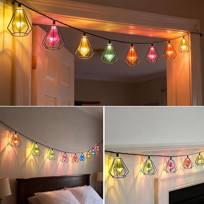 Vigdur Outdoor String Lights, 10FT Multicolor Lantern String Lights Plug-in | Metal Shade, 10 Colored Bulbs, UL Listed, 10 Strands Connectable, Outdoor Hanging Lights for Porch Garden Wedding Party