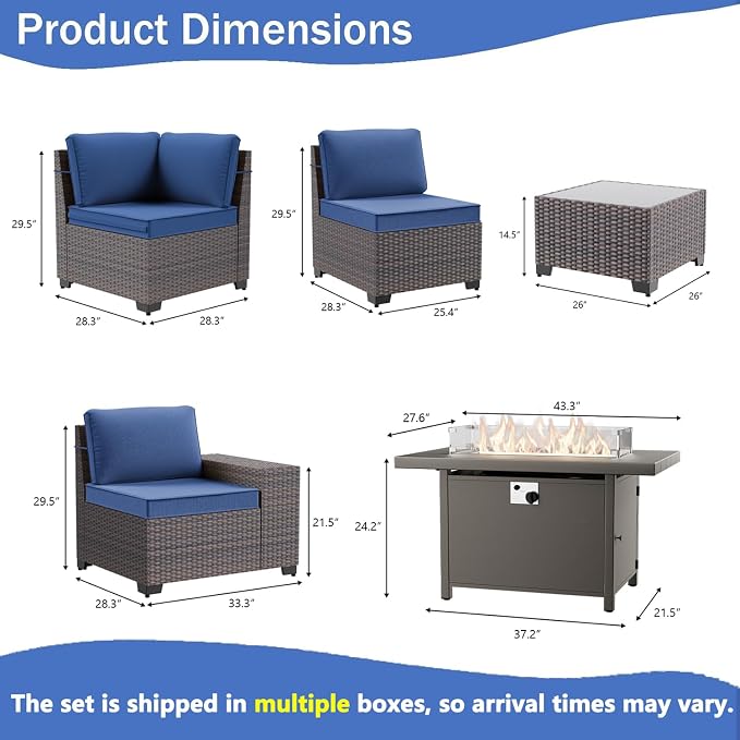 16 PCS Outdoor Patio Furniture Set,Outdoor Sectional Furniture with 45" 55000 BTU Gas Propane Fire Pit Table,PE Rattan Wicker Patio Conversation Set,Swivel Rocking Chairs Set,Navy Blue