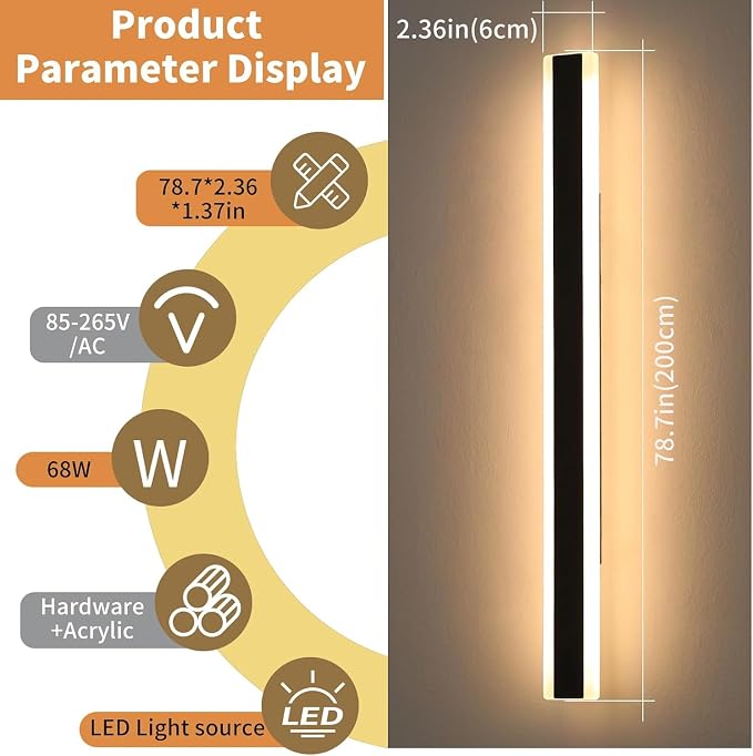 79inch Outdoor Dimmable Wall Sconces, Modern Wall Mounted Lights, 3 Color 3000K/4500K/6000K, IP65 Waterproof Minimalist Long Porch Light Fixture for Patio Garage Fence with Remote Control