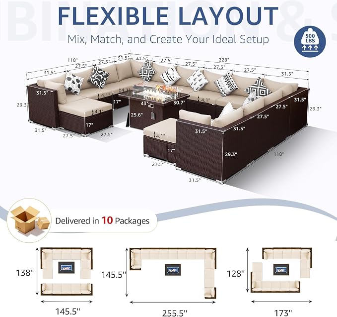 NICESOUL 15 Piece Outdoor Sectional with Fire Pit Table, Modern Luxury Patio Deep Seating w/Firepit, 29.3'' High-Back Wicker Couch Thick, Big High-Weight Capacity Sofa for Garden, Yard, Brown & Beige