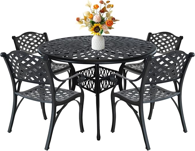 Patio Dinning Set Weather Resistant Cast Aluminum Patio Furniture Set with Umbrella Hole, Bistro Dining Set for Garden (42" x 42" Table D and 4 Chairs Black, 5 Pieces)