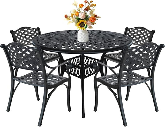 Patio Dinning Set Weather Resistant Cast Aluminum Patio Furniture Set with Umbrella Hole, Bistro Dining Set for Garden (42" x 42" Table D and 4 Chairs Black, 5 Pieces)