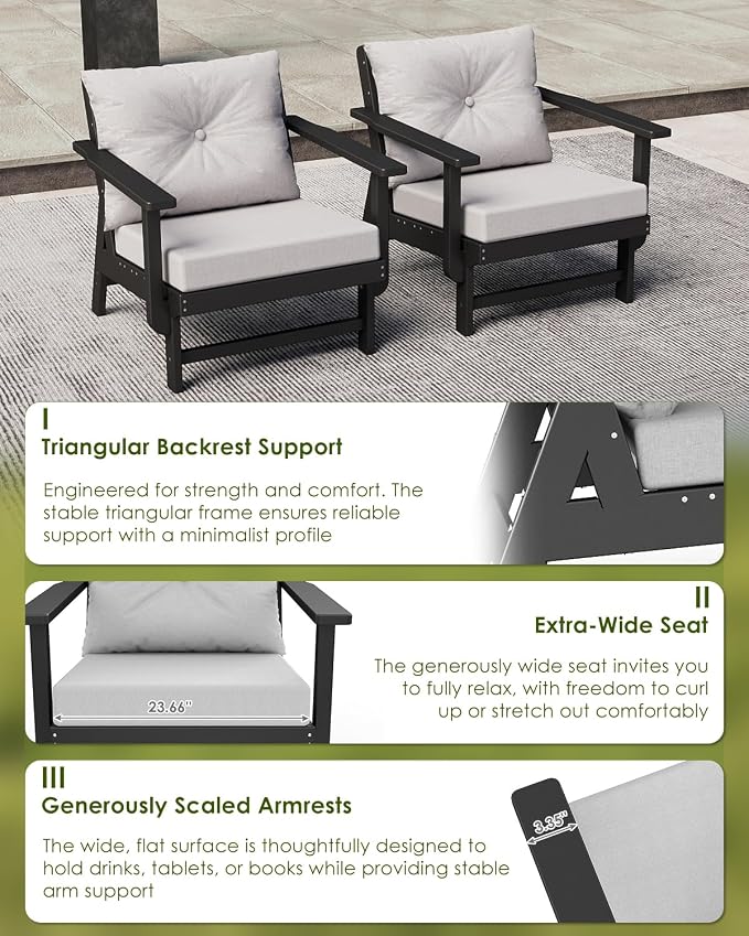 GREENVINES Outdoor-Couch-Set-of-2 | HDPE Plastic | Patio Sectional Conversation Sets | All Weather Couches | Sofa with Detachable Armrests | for Porch Deck Lawn | Black Frame Light Gray Cushion