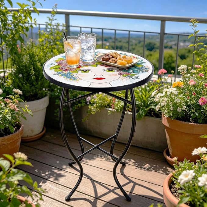 Mosaic Outdoor Side Table Small Round Patio Table Plant Stand | 21" Accent End Table with 14" Ceramic Tile Top for Small Spaces Porch Pool Garden Decor Indoor Living Room Bedroom Balcony