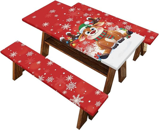 Christmas Reindeer Picnic Table Cover with Bench Covers Elastic Picnic Table Covers Outdoor Table and Chairs Decorative Sets Camping Essentials Suitable for Summer Outdoor Camping